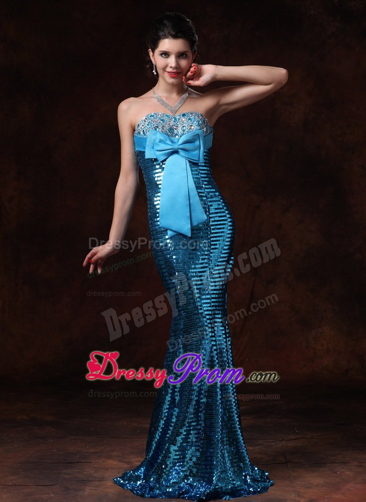 Blue Mermaid Bow Prom Homecoming Dress with Paillette Over Skirt