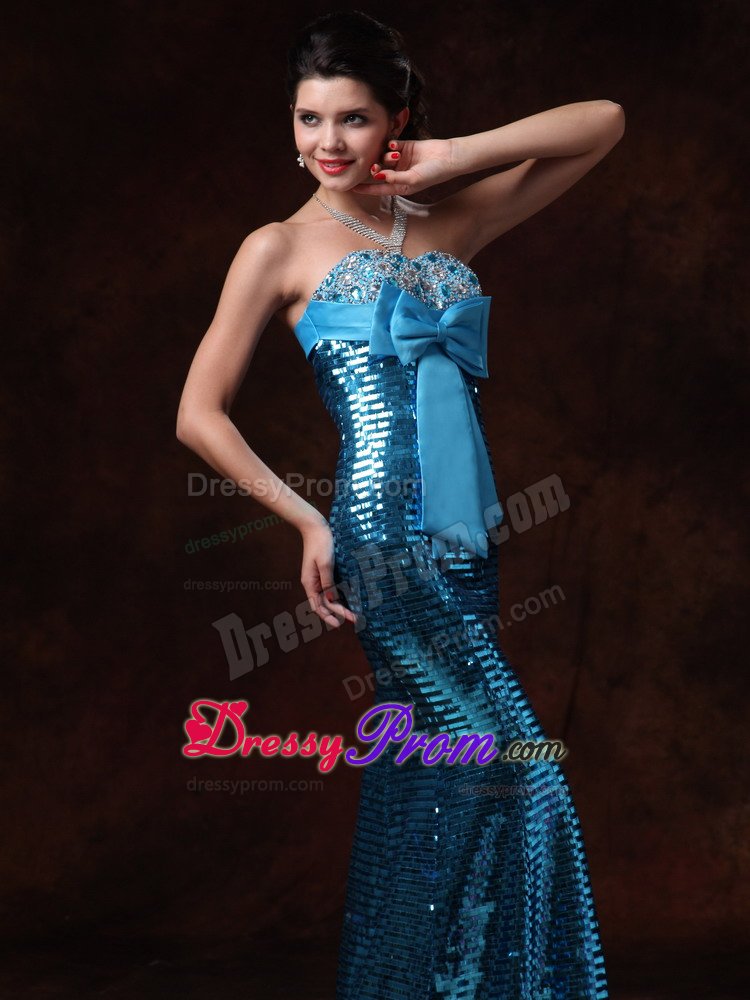 Blue Mermaid Bow Prom Homecoming Dress with Paillette Over Skirt