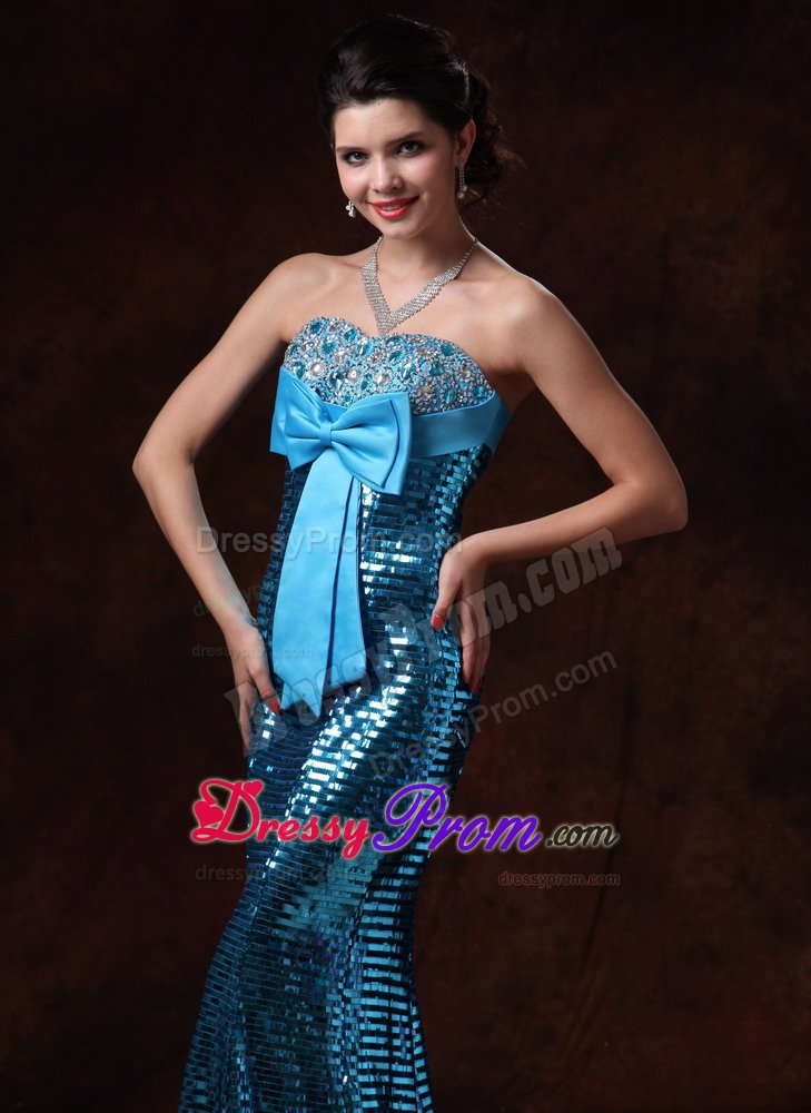 Blue Mermaid Bow Prom Homecoming Dress with Paillette Over Skirt