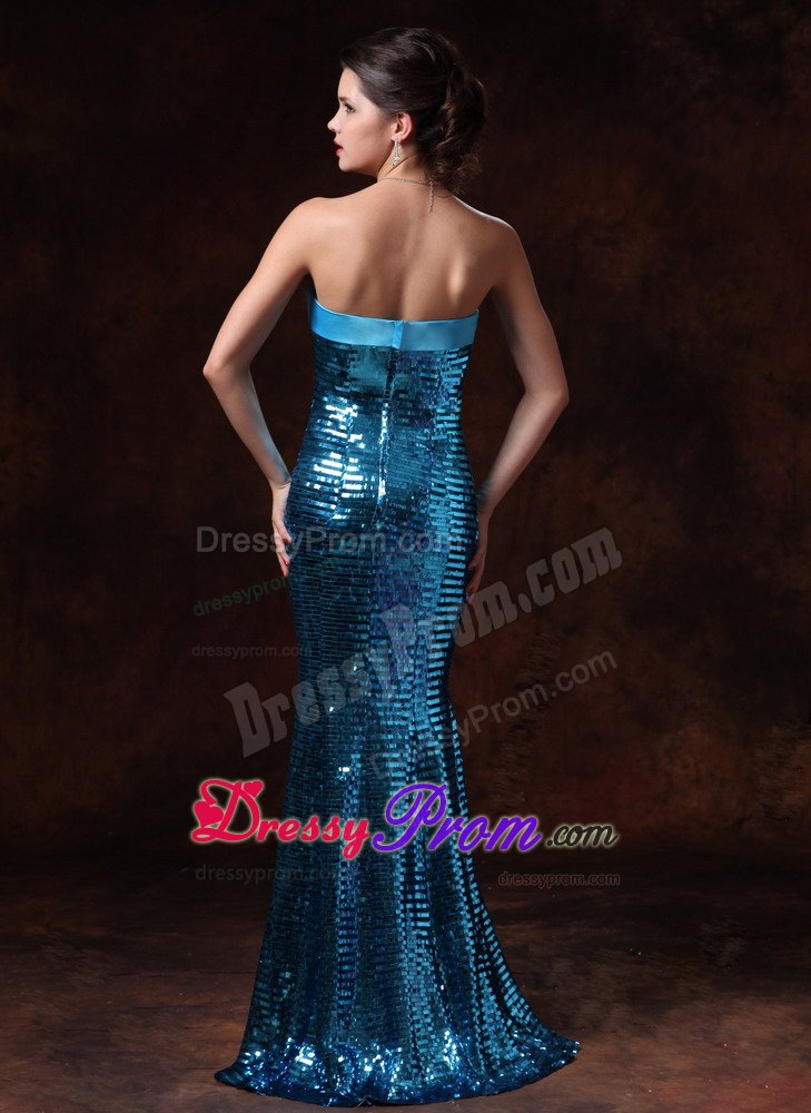 Blue Mermaid Bow Prom Homecoming Dress with Paillette Over Skirt