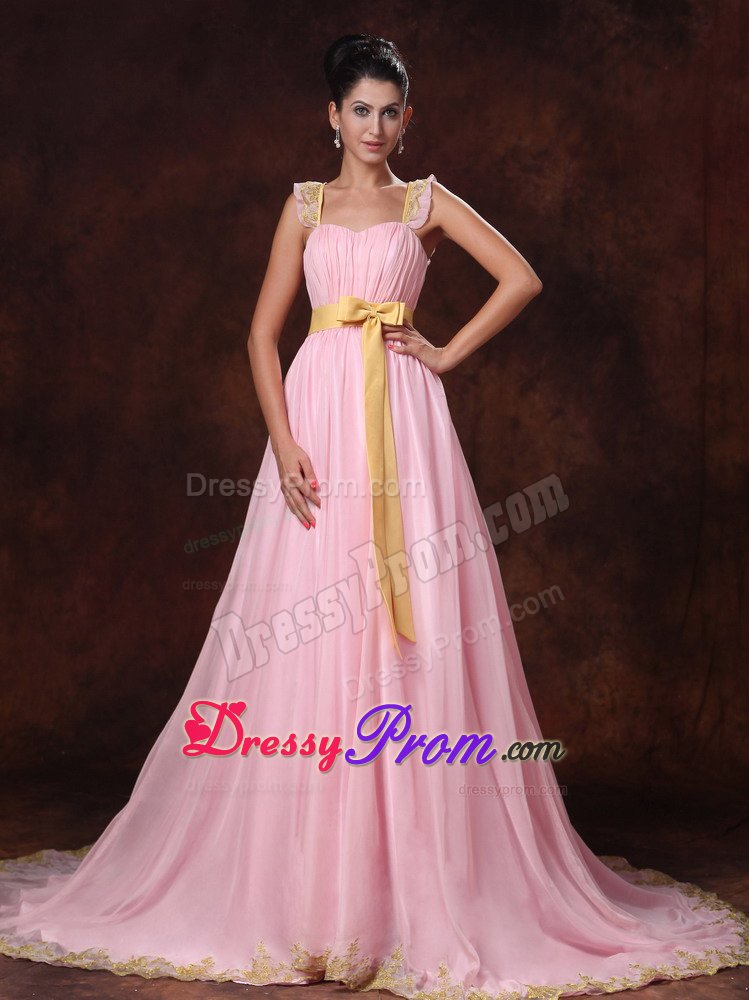 Pink Square Court Train Sash Appliques Prom Homecoming Dresses