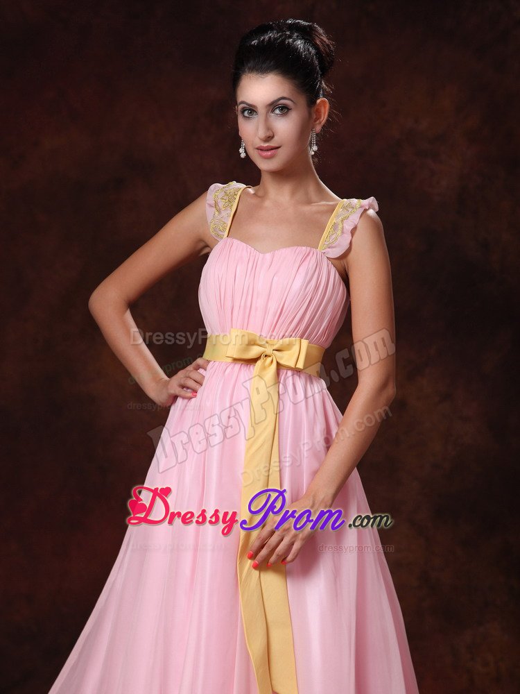Pink Square Court Train Sash Appliques Prom Homecoming Dresses