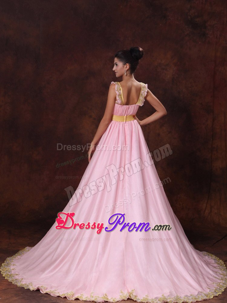 Pink Square Court Train Sash Appliques Prom Homecoming Dresses
