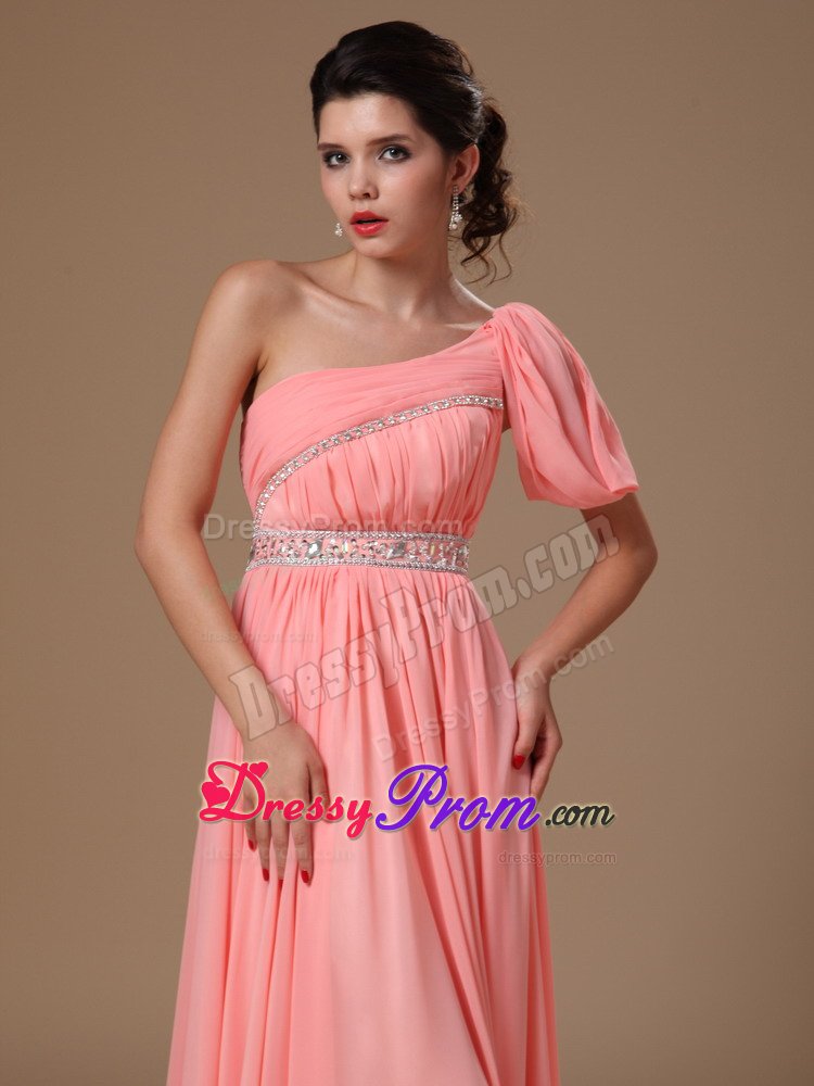Beaded and Ruched One Shoulder Prom Homecoming Dress in Watermelon