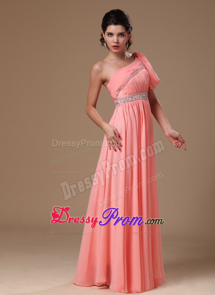 Beaded and Ruched One Shoulder Prom Homecoming Dress in Watermelon