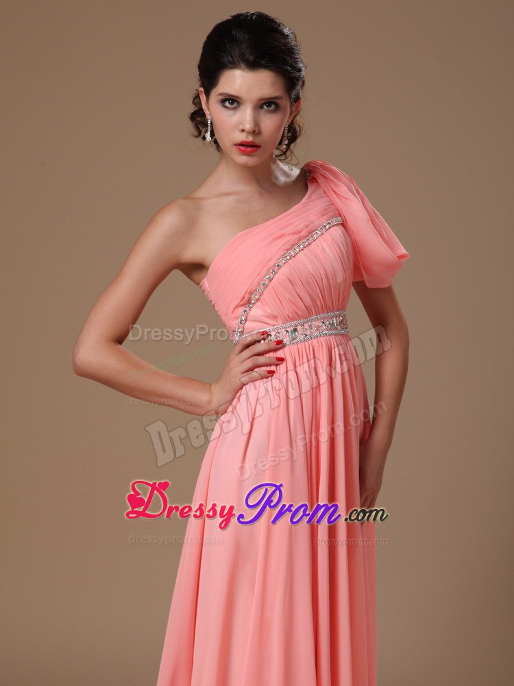 Beaded and Ruched One Shoulder Prom Homecoming Dress in Watermelon