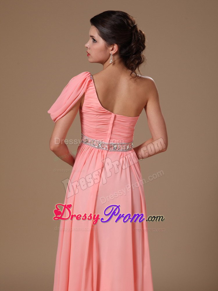 Beaded and Ruched One Shoulder Prom Homecoming Dress in Watermelon