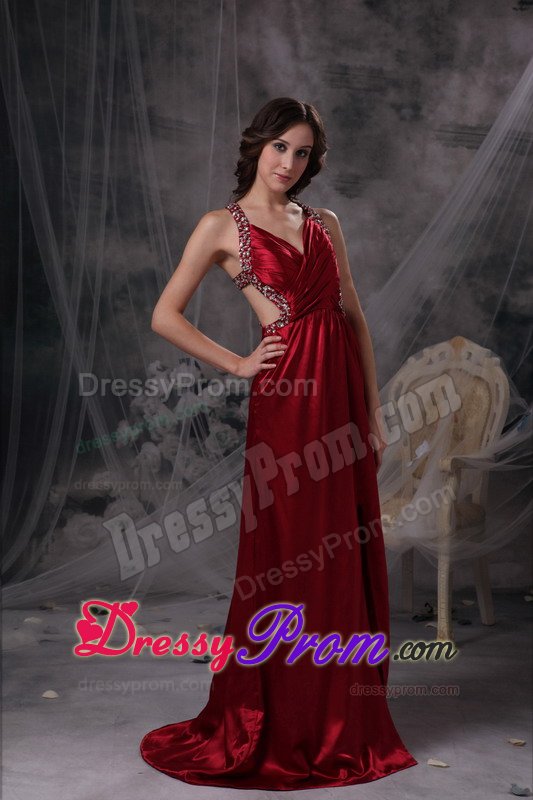 Beading and Cutouts Accent Prom Celebrity Dresses in Wine Red