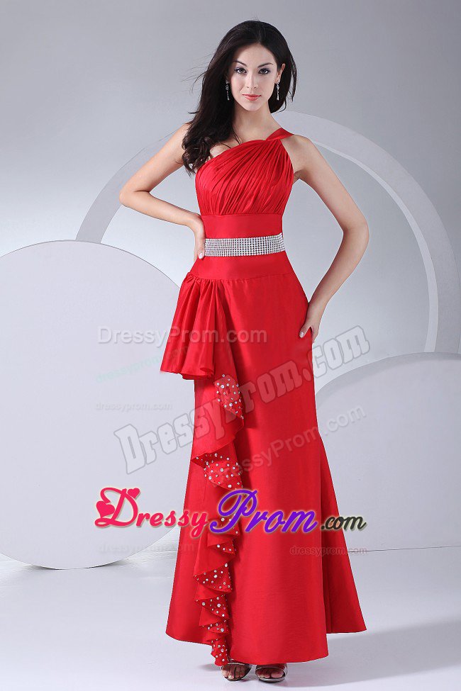 Ruched and Beaded Red One Shoulder Prom Party Dress Ankle Length