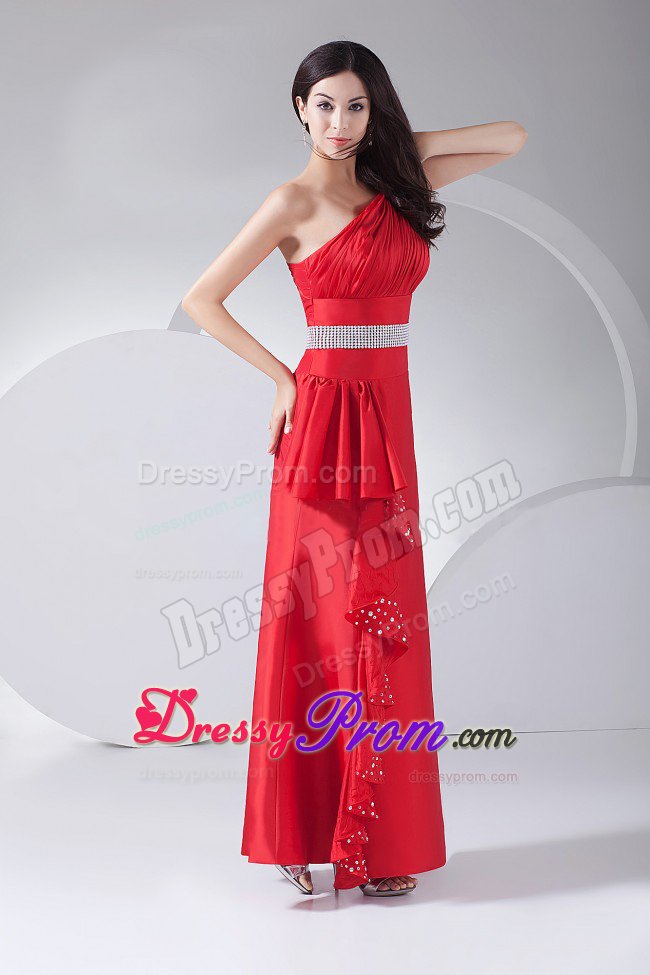 Ruched and Beaded Red One Shoulder Prom Party Dress Ankle Length