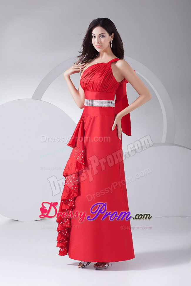Ruched and Beaded Red One Shoulder Prom Party Dress Ankle Length