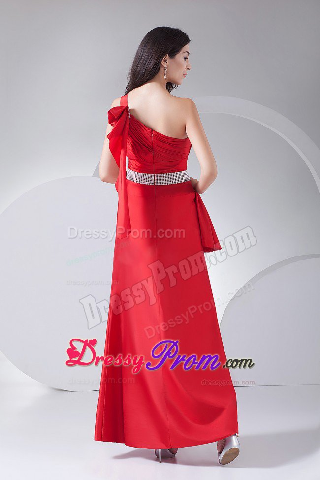 Ruched and Beaded Red One Shoulder Prom Party Dress Ankle Length