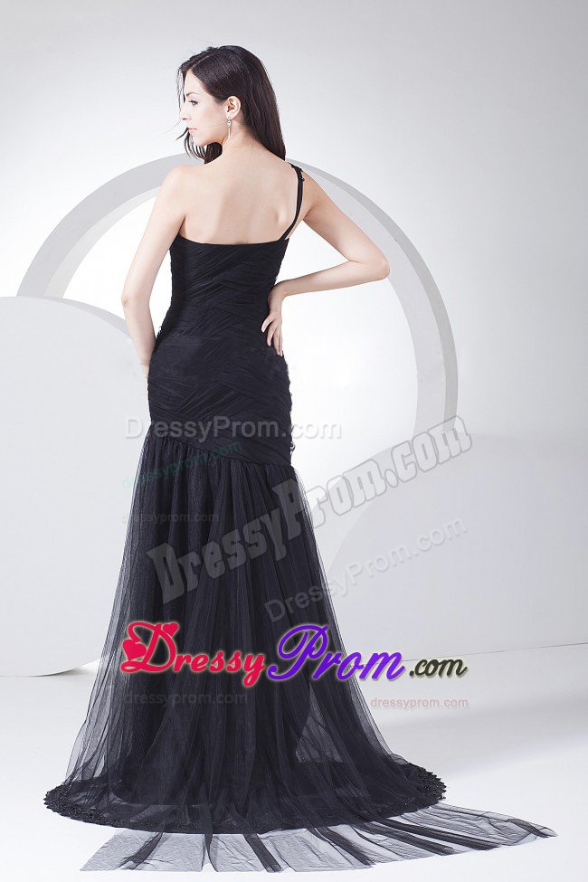 Black Tulle One Shoulder Prom Party Dress with Appliques and Ruches