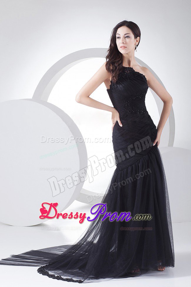 Black Tulle One Shoulder Prom Party Dress with Appliques and Ruches