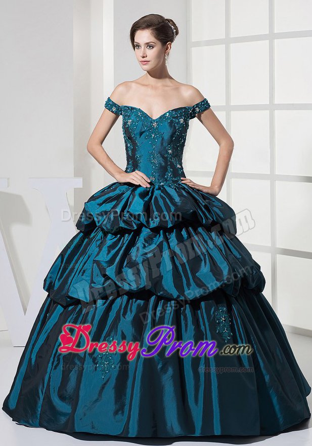 Teal Off Shoulder Prom Party Dress with Appliques and Pick Ups