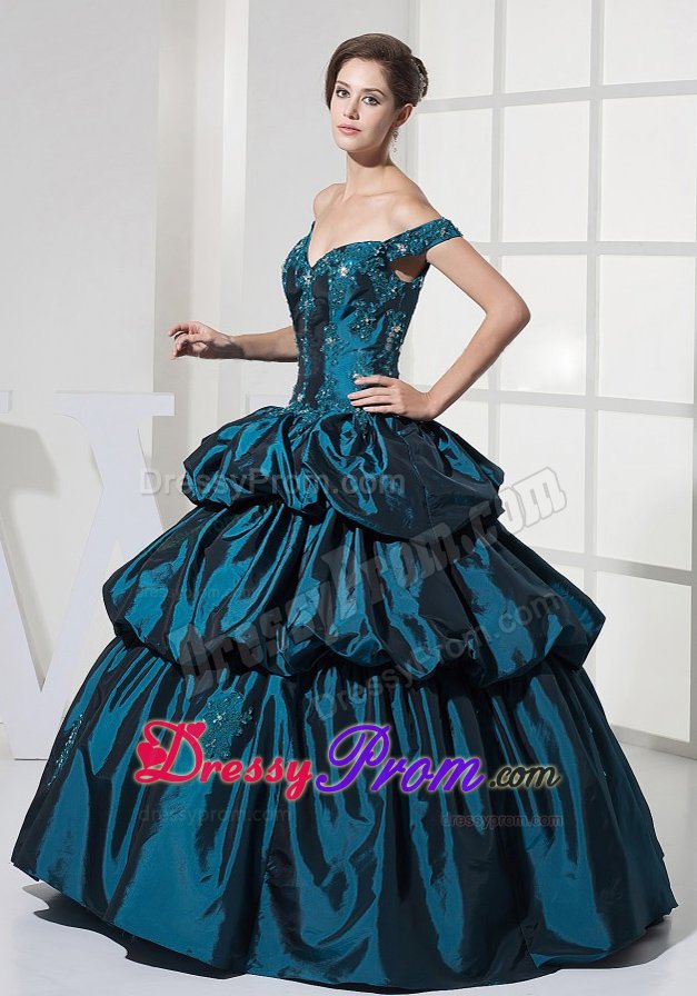 Teal Off Shoulder Prom Party Dress with Appliques and Pick Ups