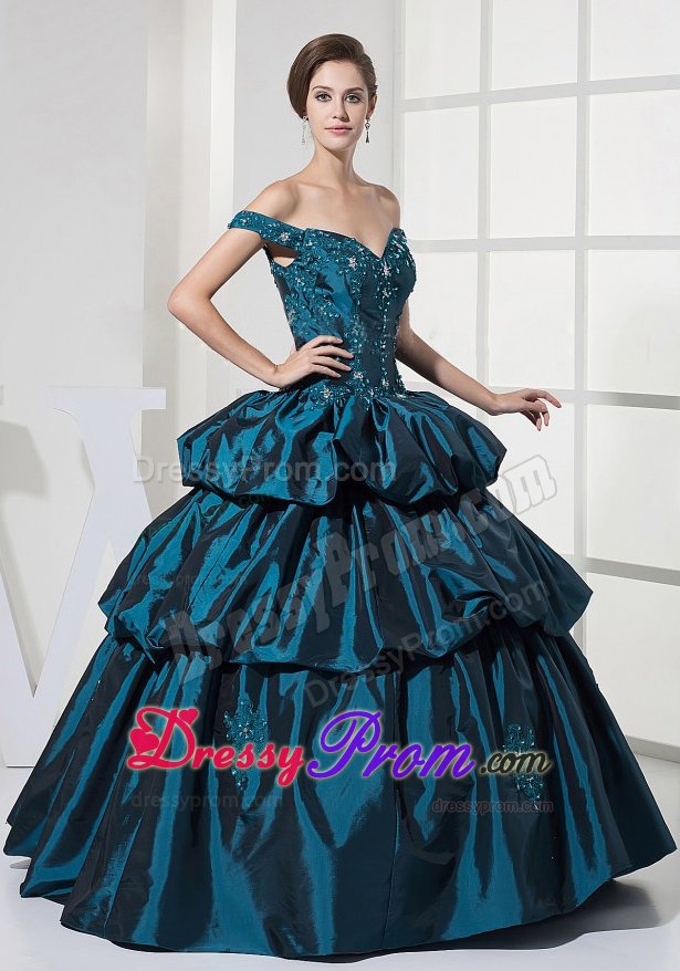Teal Off Shoulder Prom Party Dress with Appliques and Pick Ups