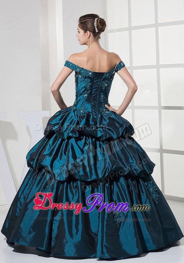 Teal Off Shoulder Prom Party Dress with Appliques and Pick Ups