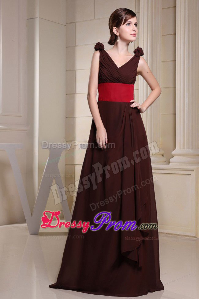 Brown V-neck Long Prom Party Dresses with Flowers and Red Belt