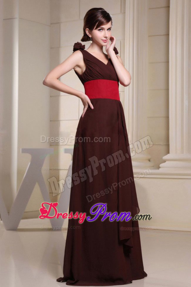 Brown V-neck Long Prom Party Dresses with Flowers and Red Belt