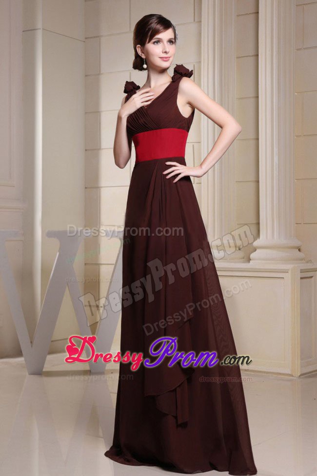 Brown V-neck Long Prom Party Dresses with Flowers and Red Belt