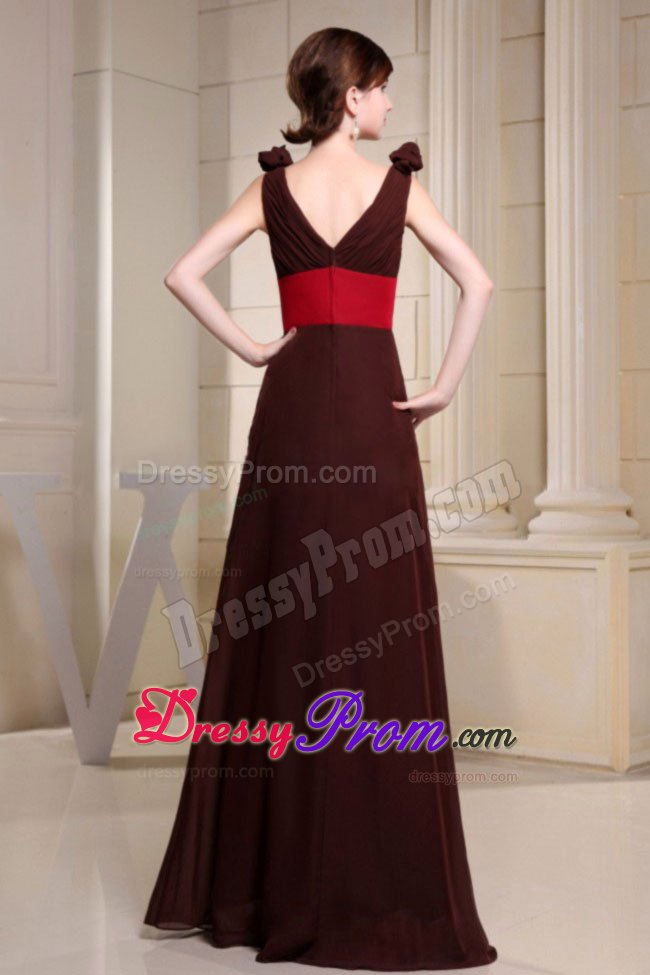 Brown V-neck Long Prom Party Dresses with Flowers and Red Belt