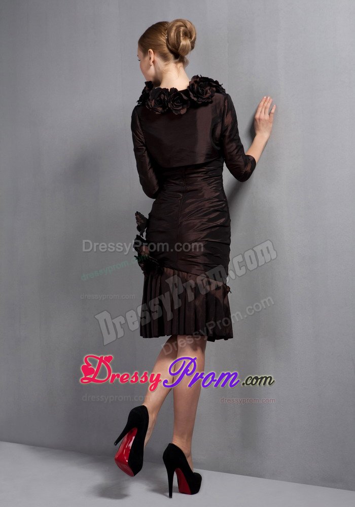 Brown Column Knee Length Prom Party Dress with Ruches and Flowers