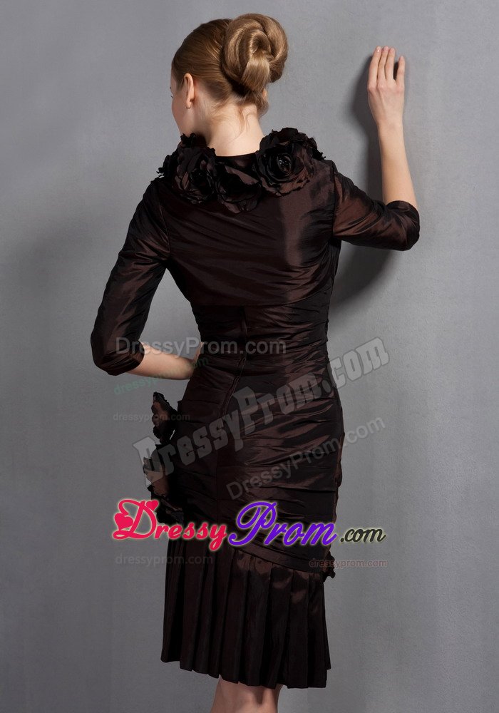Brown Column Knee Length Prom Party Dress with Ruches and Flowers