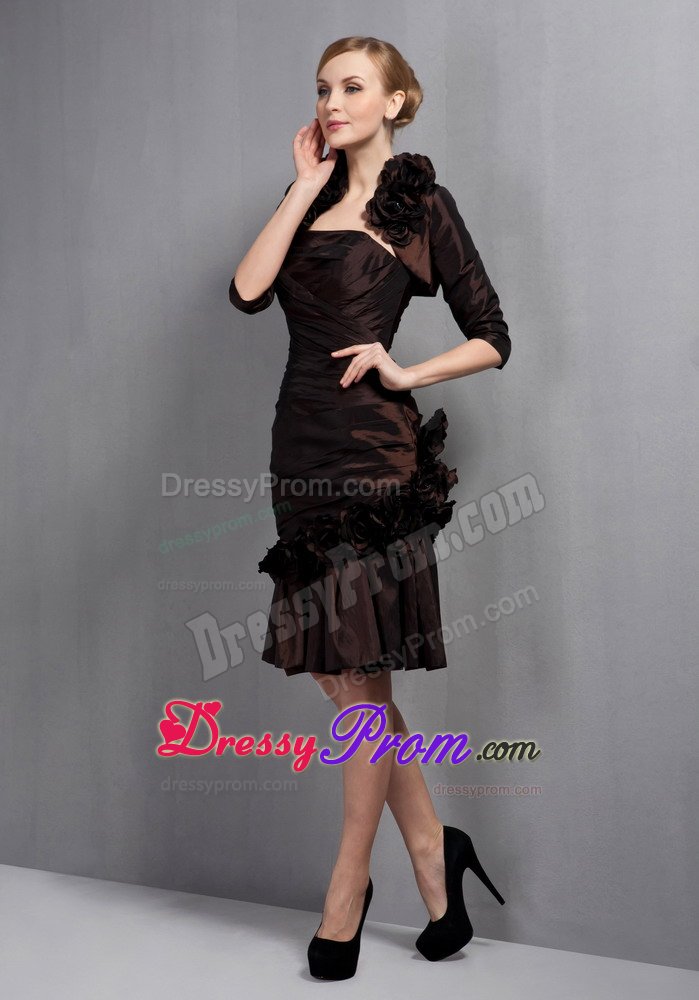Brown Column Knee Length Prom Party Dress with Ruches and Flowers