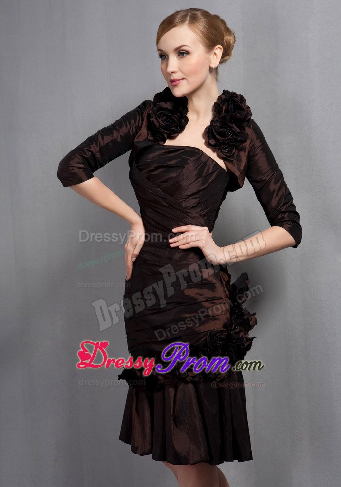 Brown Column Knee Length Prom Party Dress with Ruches and Flowers