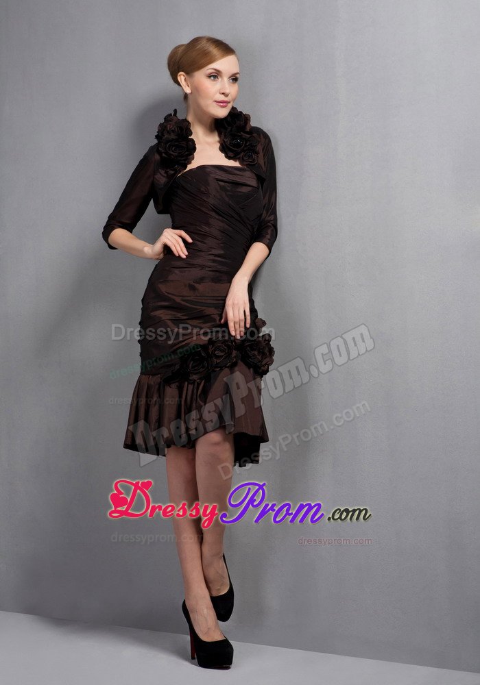 Brown Column Knee Length Prom Party Dress with Ruches and Flowers