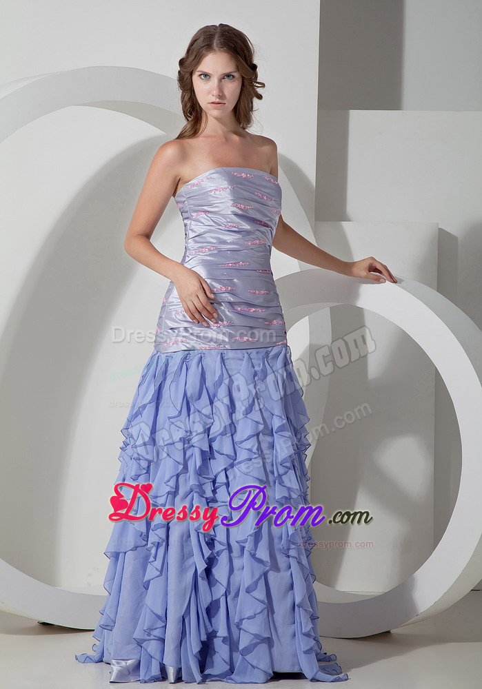 Ruched Strapless Lilac Long Prom Celebrity Dress with Ruffles