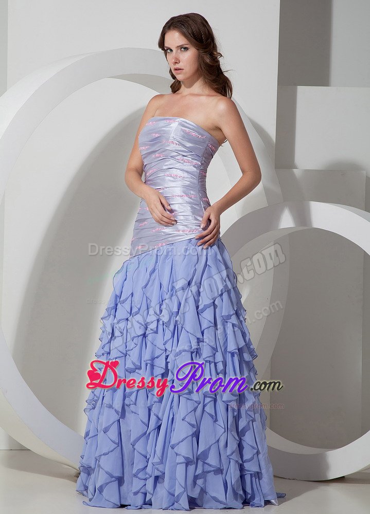 Ruched Strapless Lilac Long Prom Celebrity Dress with Ruffles