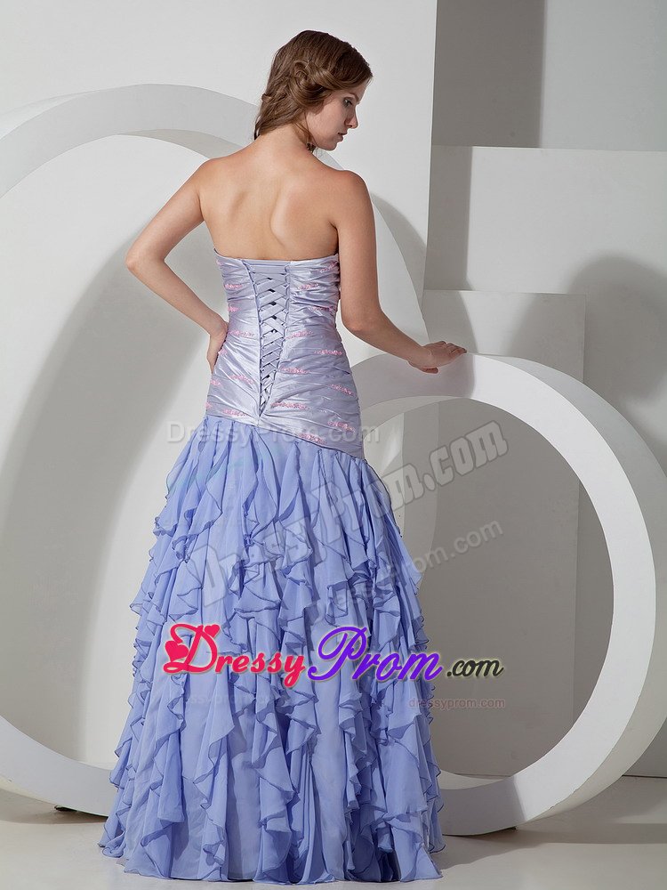 Ruched Strapless Lilac Long Prom Celebrity Dress with Ruffles
