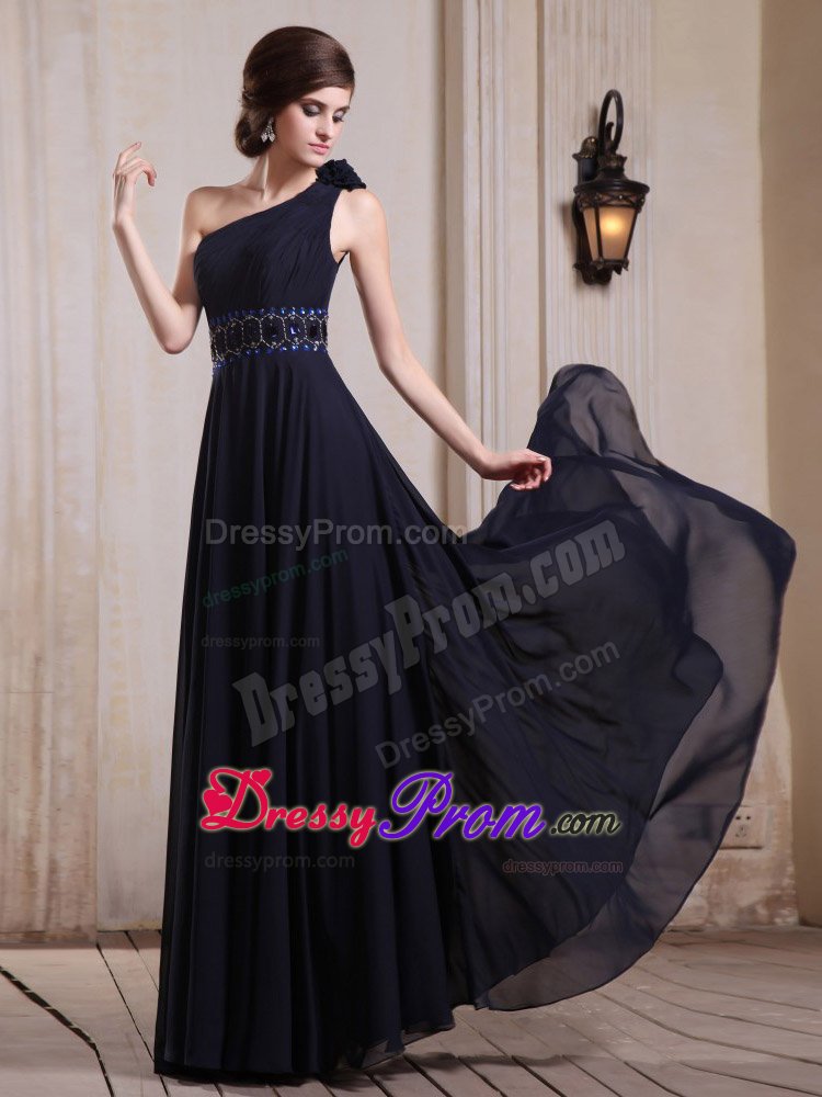 Beading and Flower Accent One Shoulder Navy Blue Prom Party Dress