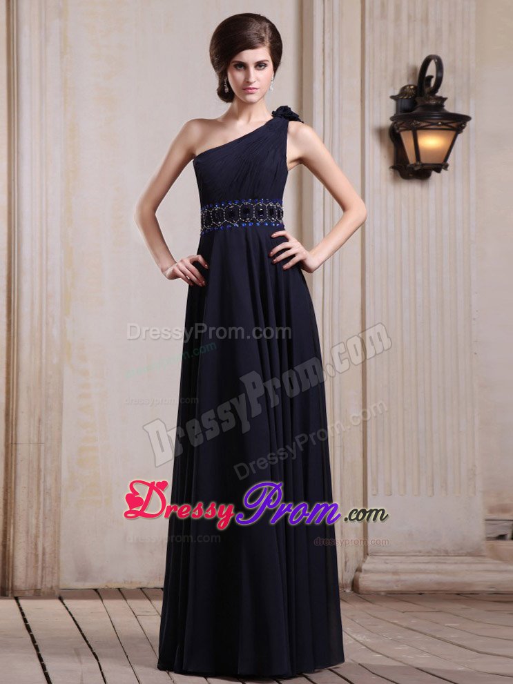 Beading and Flower Accent One Shoulder Navy Blue Prom Party Dress