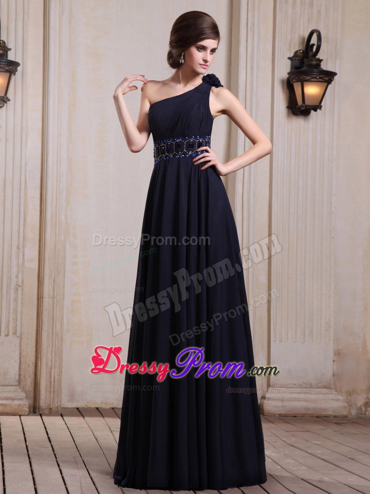 Beading and Flower Accent One Shoulder Navy Blue Prom Party Dress