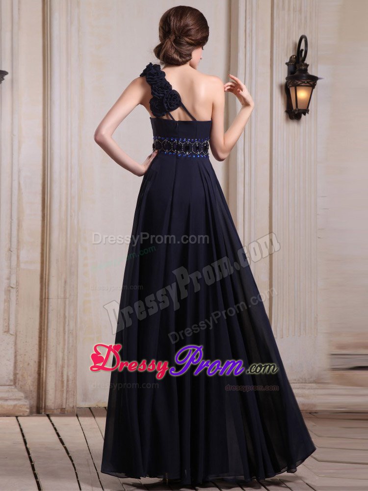 Beading and Flower Accent One Shoulder Navy Blue Prom Party Dress