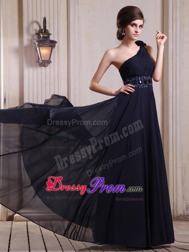 Beading and Flower Accent One Shoulder Navy Blue Prom Party Dress
