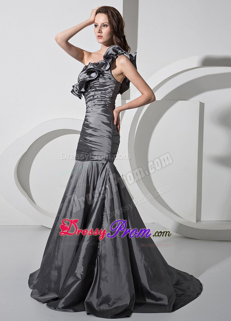 Ruched Gray Brush Prom Party Dresses with Flowers and Beading