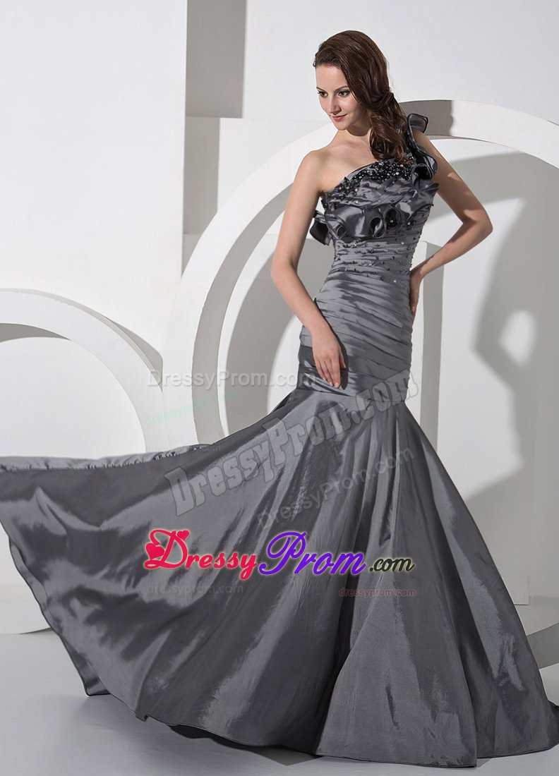 Ruched Gray Brush Prom Party Dresses with Flowers and Beading