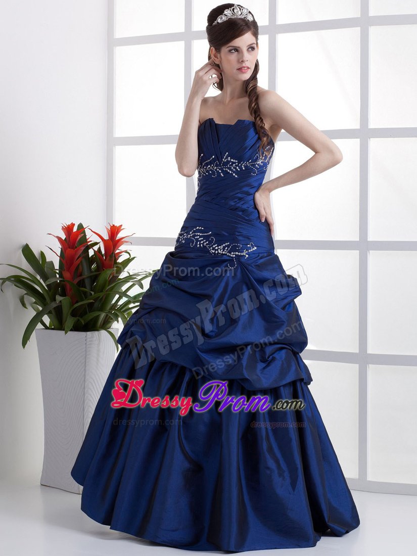 Ruched Royal Blue Prom Party Dress with Appliques and Pick Ups