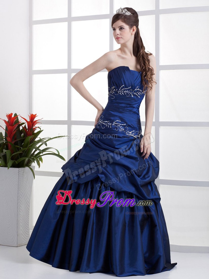 Ruched Royal Blue Prom Party Dress with Appliques and Pick Ups