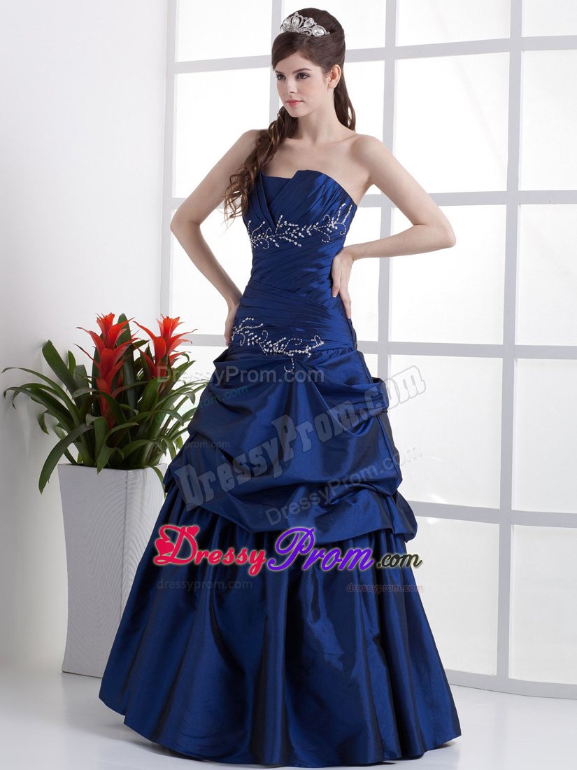 Ruched Royal Blue Prom Party Dress with Appliques and Pick Ups