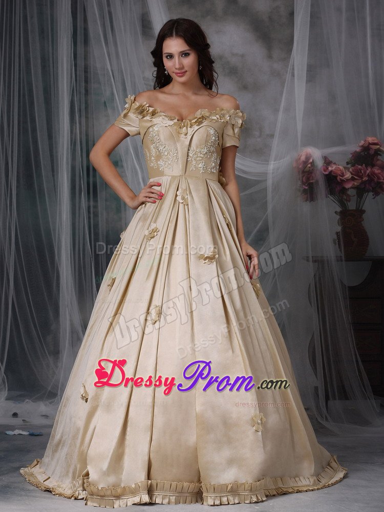 Champagne Off Shoulder Prom Graduation Dress with Short Sleeves