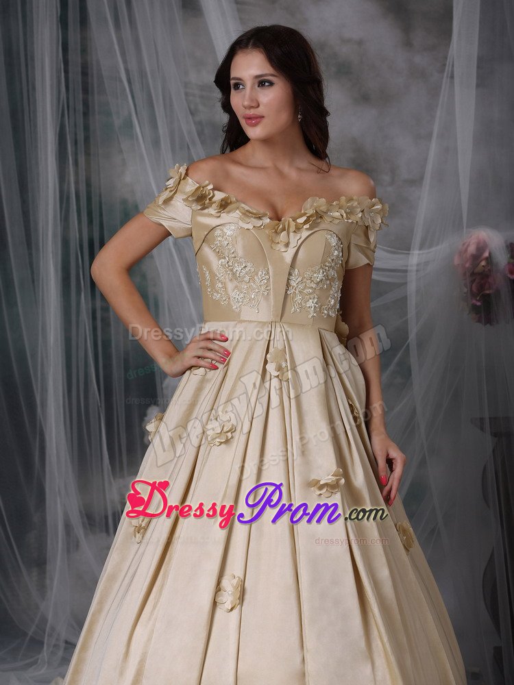 Champagne Off Shoulder Prom Graduation Dress with Short Sleeves