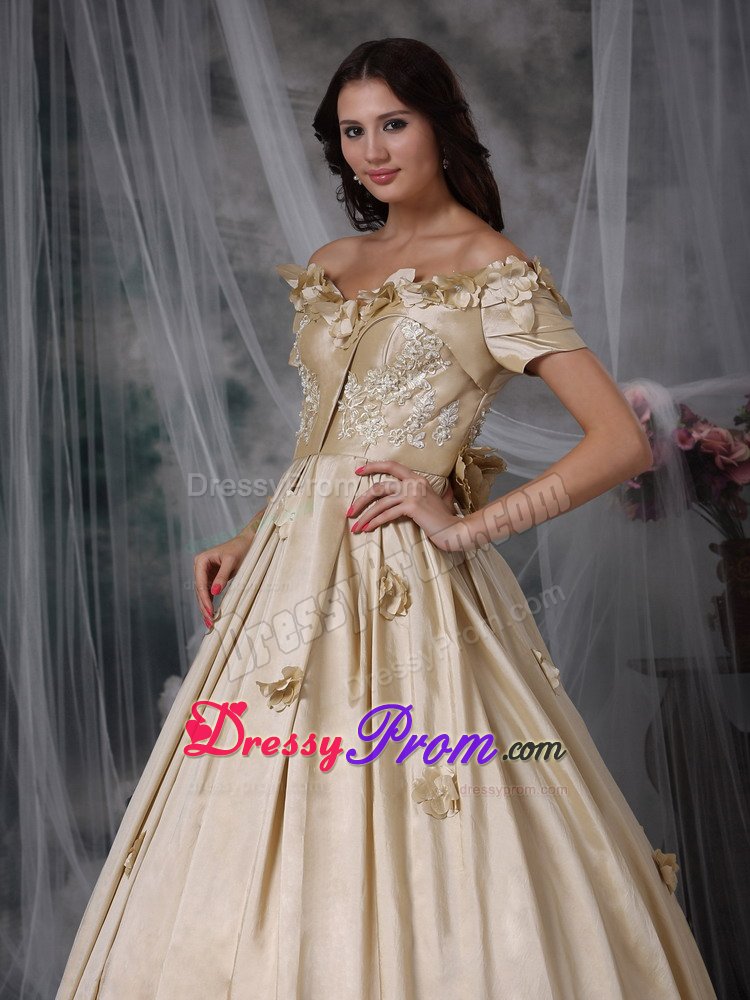 Champagne Off Shoulder Prom Graduation Dress with Short Sleeves