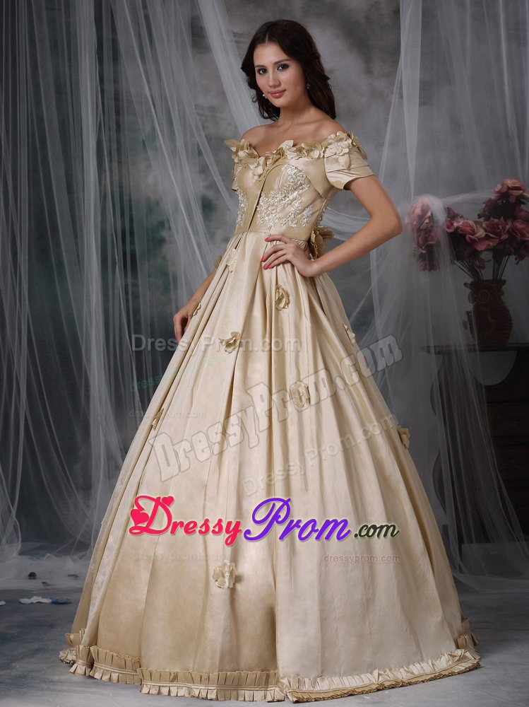 Champagne Off Shoulder Prom Graduation Dress with Short Sleeves
