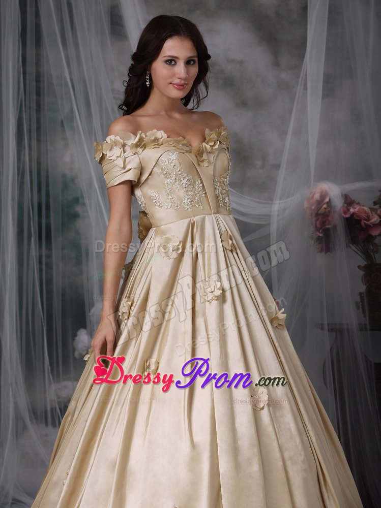 Champagne Off Shoulder Prom Graduation Dress with Short Sleeves