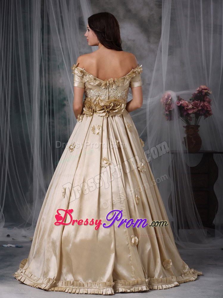 Champagne Off Shoulder Prom Graduation Dress with Short Sleeves